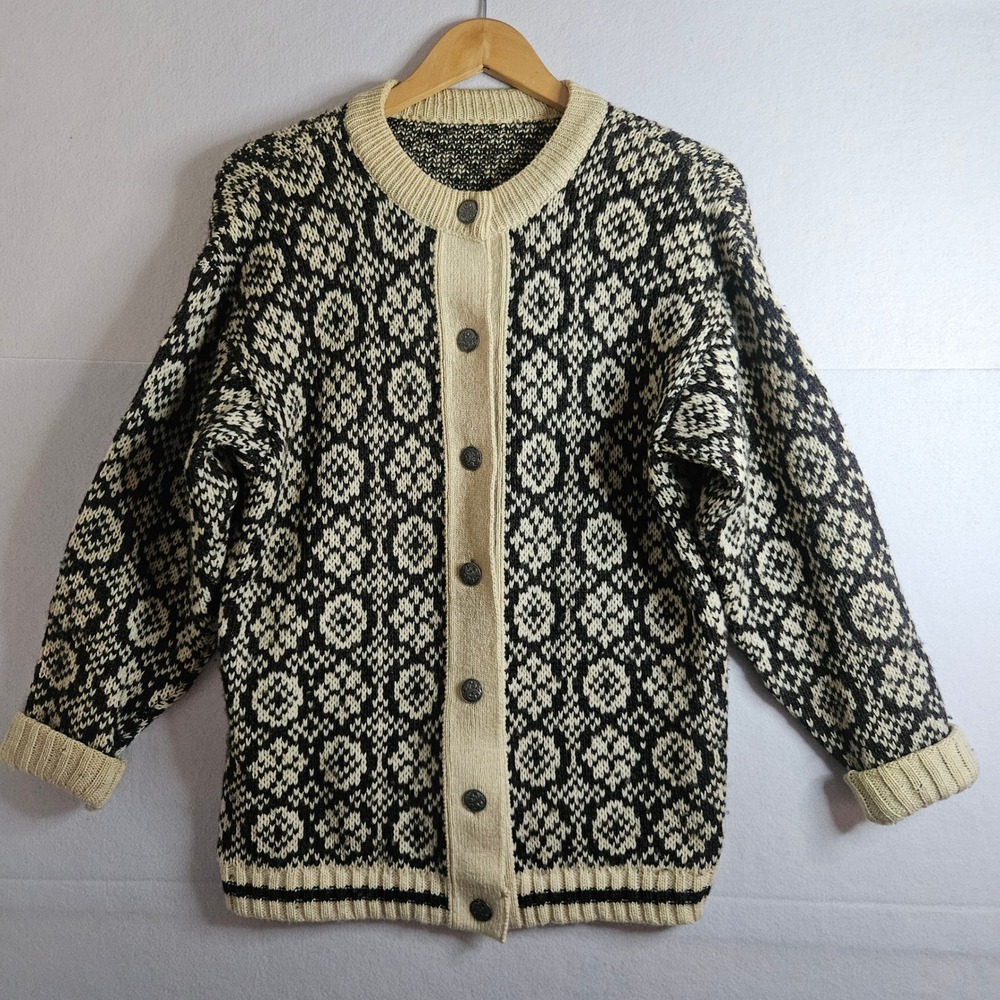 A.S. Evebofoss Norway Pure New Wool Cardigan Sweater Black Cream Nordic Mens 44